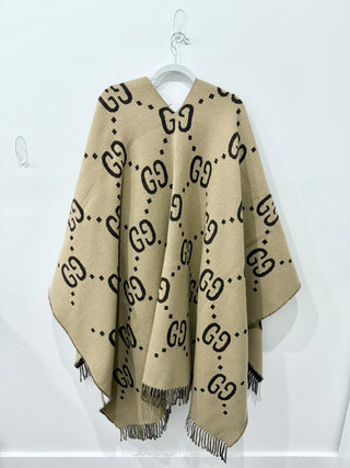 Gucci Oversized Reversible GG Tartan Fringe Trim Wool Cape Brown Unisex One Size