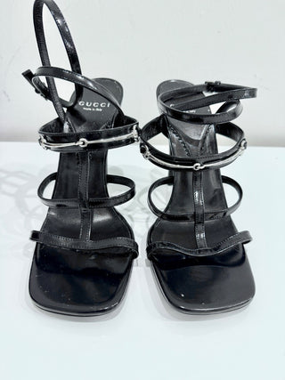 Gucci Leather Horsebit 105mm Strappy Stilettto Heel Sandals Black Women's EU 38
