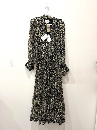 NWT Alexis Cisely Animal Print Bell Sleeve Tiered Midi Dress Onyx Womens Size XS