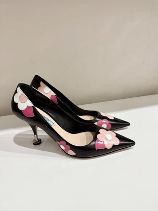 Prada Orchidea Nappa Leather Flower Fiori 85mm Pointed Toe Pump Black EU 40.5