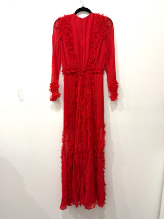 Alexis 100% Silk Cascading Ruffles Janine Evening Maxi Dress Red Women's Size XS