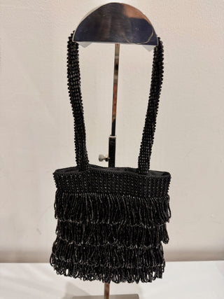 BEBE Fringe Crystal Beaded Evening Shoulder Bag Black Small
