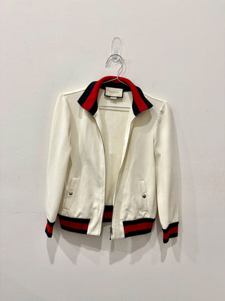 Gucci Web Trim Long Sleeve Full Zip Twill Bomber Jacket Cream Women's Size Small