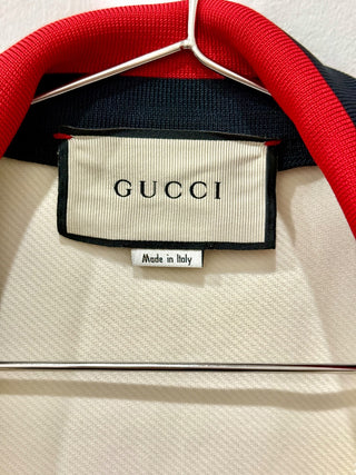 Gucci Web Trim Long Sleeve Full Zip Twill Bomber Jacket Cream Women's Size Small