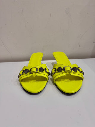 Balenciaga Cagole Studded Buckle Leather Slip On Mules Neon Yellow Women EU 37.5