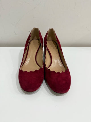 Chloe Suede Lauren Scallop Trim 50mm Block Heel Pumps Red Women's Size EU 40.5