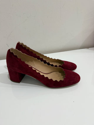 Chloe Suede Lauren Scallop Trim 50mm Block Heel Pumps Red Women's Size EU 40.5