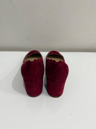 Chloe Suede Lauren Scallop Trim 50mm Block Heel Pumps Red Women's Size EU 40.5