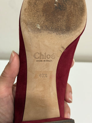 Chloe Suede Lauren Scallop Trim 50mm Block Heel Pumps Red Women's Size EU 40.5