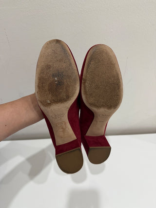 Chloe Suede Lauren Scallop Trim 50mm Block Heel Pumps Red Women's Size EU 40.5