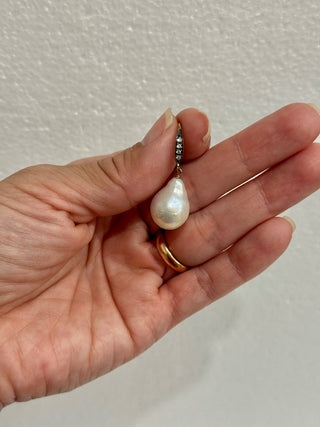 Gold Plated Baroque White Pearl Drop Earrings with Gemstone