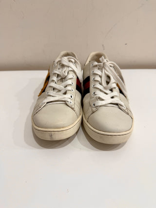 Gucci Leather Web Ace Lace Up Embroidered Loved Sneakers White Womens Size 37