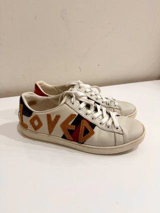 Gucci Leather Web Ace Lace Up Embroidered Loved Sneakers White Womens Size 37