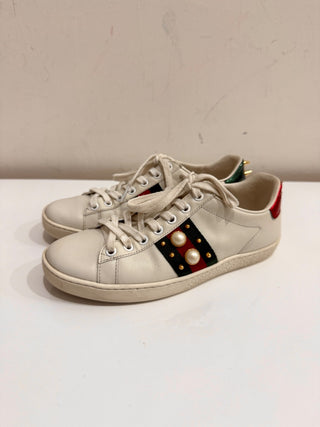 Gucci Embellished Leather Web Detail Ace Low Top Sneakers White Womens Size 36