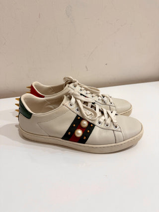 Gucci Embellished Leather Web Detail Ace Low Top Sneakers White Womens Size 36