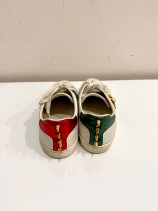 Gucci Embellished Leather Web Detail Ace Low Top Sneakers White Womens Size 36