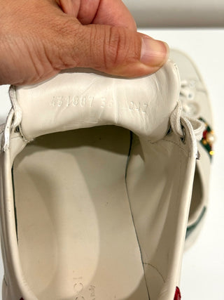 Gucci Embellished Leather Web Detail Ace Low Top Sneakers White Womens Size 36