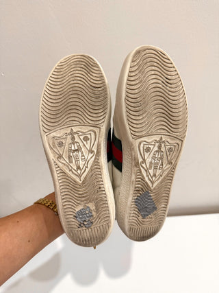 Gucci Embellished Leather Web Detail Ace Low Top Sneakers White Womens Size 36