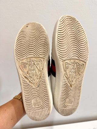 Gucci Leather Web Ace Lace Up Embroidered Loved Sneakers White Womens Size 37