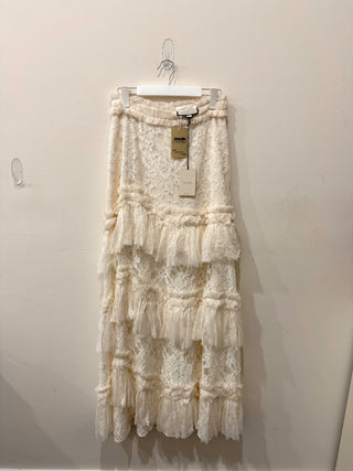 NWT Alexis Zella Sheer Ruffle Trim Tiered Lace Gown Skirt Ivory Women's Large