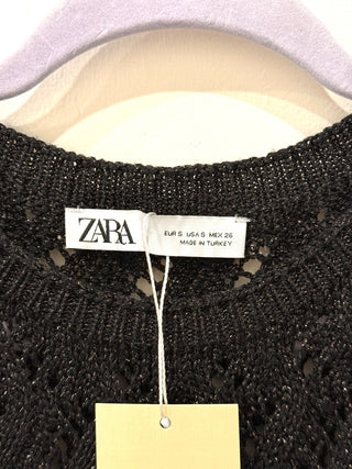 Zara Crochet Metallic Thread Sleeveless Fringe Tank Top Black Women's Size Small