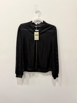Zara Textured Mesh Open Knit Full Zip Bomber Jacket Black Women's Size Medium