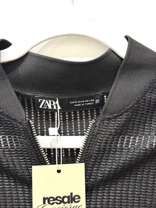 Zara Textured Mesh Open Knit Full Zip Bomber Jacket Black Women's Size Medium