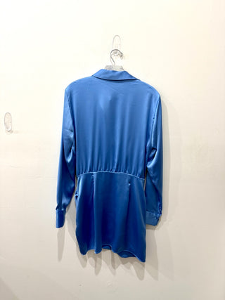 NWT Zara Satin Draped Neck Collar Wrap Mini Dress Light Blue Women's Size Medium
