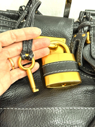 Chloé Paddington Lock & Key Grained Leather Satchel Bag Black Women's Large