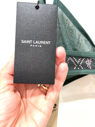 NWT Saint Laurent Logo Crystal Embellished Triangle Bra Green Women's Size M