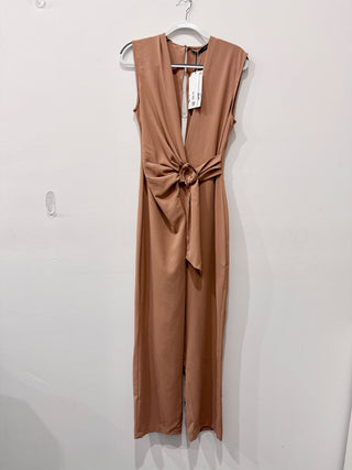 NWT Zara Sleeveless Surplice Neck Straight Leg Crossover Jumpsuit Dark Camel S