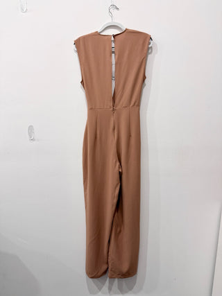 NWT Zara Sleeveless Surplice Neck Straight Leg Crossover Jumpsuit Dark Camel S
