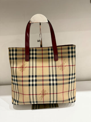 Burberry Haymarket Check Plaid Coated Canvas Tote Bag Beige Multi