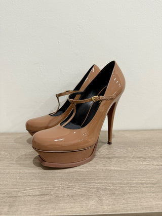YSL Saint Laurent Tribute Patent T Strap Platform Heels Pumps Shoes Tan 38.5/8.5