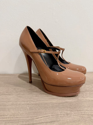 YSL Saint Laurent Tribute Patent T Strap Platform Heels Pumps Shoes Tan 38.5/8.5