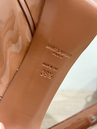 YSL Saint Laurent Tribute Patent T Strap Platform Heels Pumps Shoes Tan 38.5/8.5