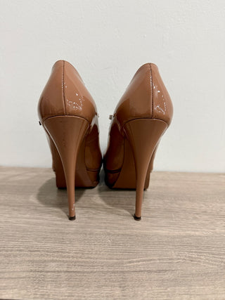 YSL Saint Laurent Tribute Patent T Strap Platform Heels Pumps Shoes Tan 38.5/8.5