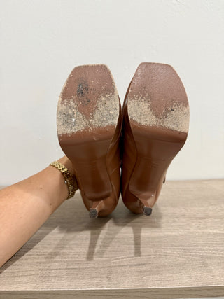 YSL Saint Laurent Tribute Patent T Strap Platform Heels Pumps Shoes Tan 38.5/8.5