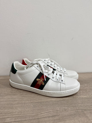 Gucci Ace Leather Striped Low Top Sneakers with Bee White Women's 37