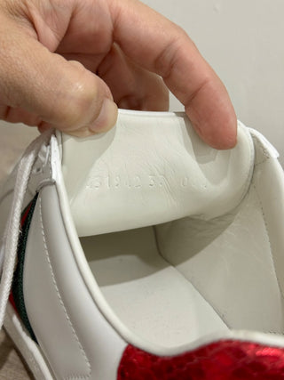 Gucci Ace Leather Striped Low Top Sneakers with Bee White Women's 37