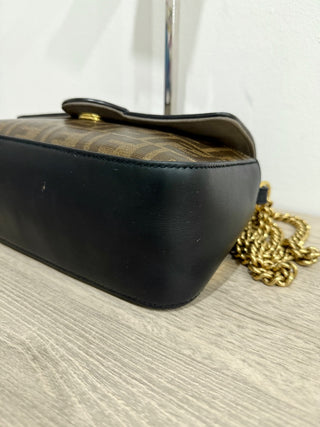 Fendi Black/Mogano Zucca FF Coated Canvas Flap Mini Shoulder Bag w/ Chain Strap