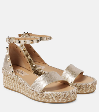 Valentino Rockstud Metallic Leather Platform Espadrille Sandals Gold Women EU 39