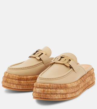 Tods Kate Leather/Raffia Slip On Platform Mules Slippers Natural Women's EU 38