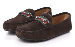 Gucci Suede Web Horsebit Driver Loafers Shoes Cocoa/Green and Red Stripe Mens 11