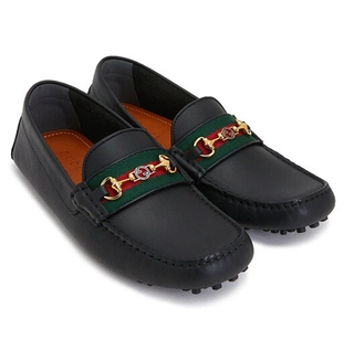 Gucci Leather Slip On Loafer Black with Gold Buckle and Red/Green Stripe Mens 11