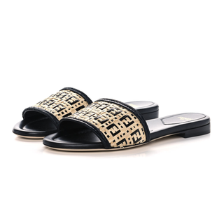 Fendi Raffia FF Logo Slip On Flat Slide Sandals Natural Black Women's Size 38