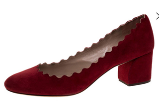 Chloe Suede Lauren Scallop Trim 50mm Block Heel Pumps Red Women's Size EU 40.5