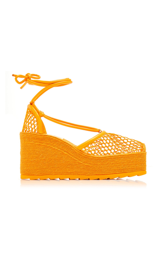 Bottega Veneta Sporty Web Raffia Wedge Platform Espadrilles Sandals Orange EU 34