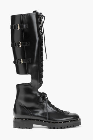 Valentino Garavani Soul Rockstud Cutout Glossed-Leather Knee Boots Black EU 39.5