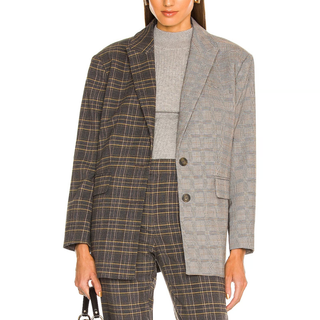 Something Navy Plaid Long Sleeve Peak Lapel Oversized Blazer Brown Contrast XS